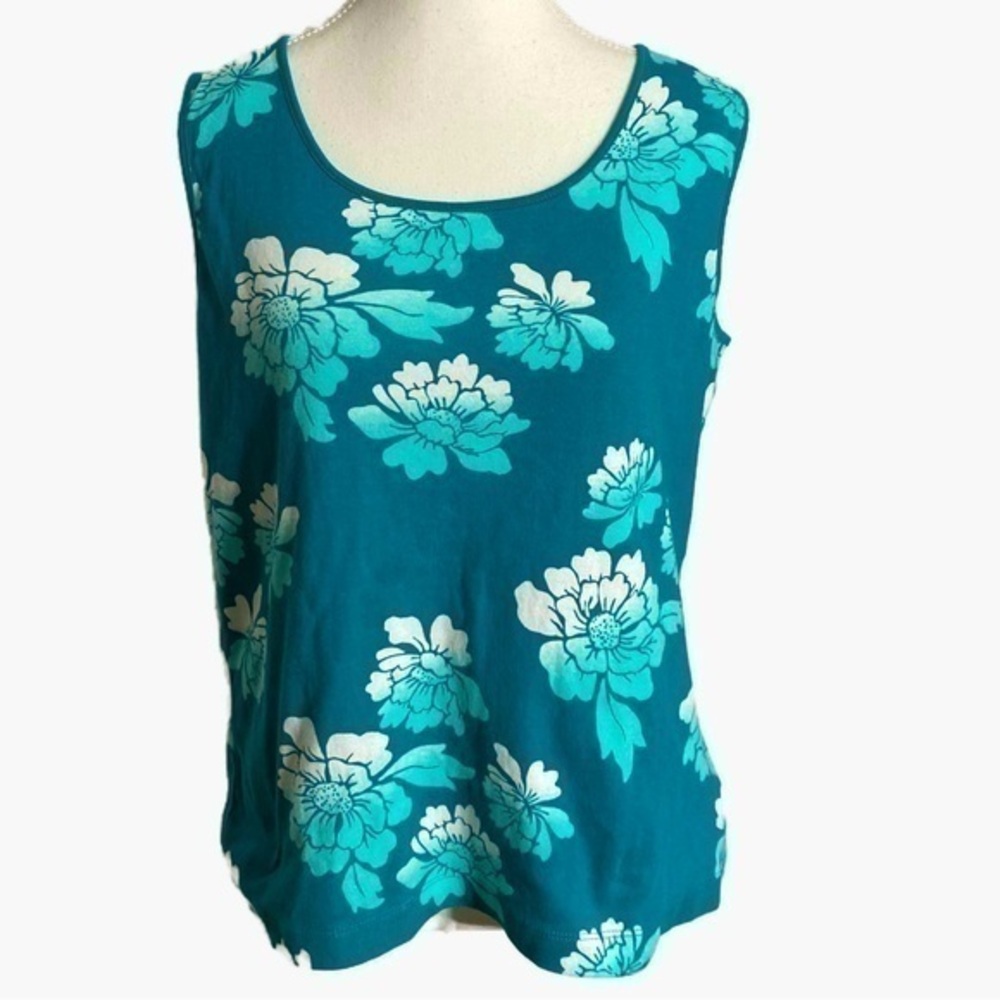 White Stag Blue Green Tropical Floral Cotton Tank Top